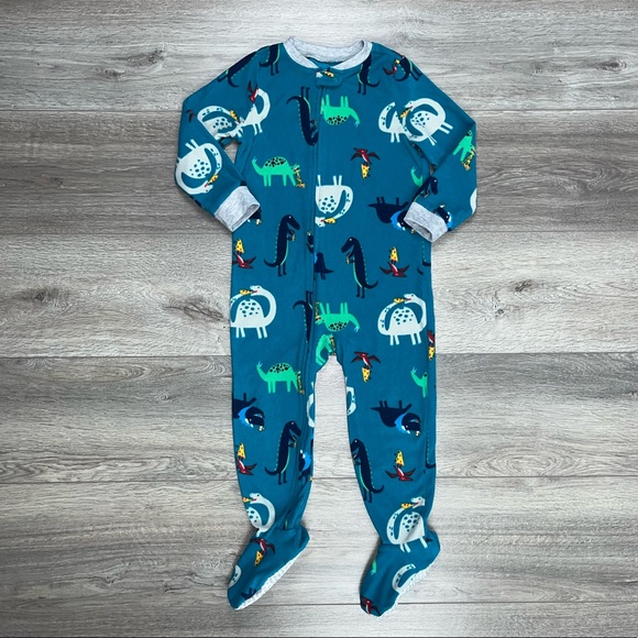 Carter’s Dinosaur Footed Fleece Pajama’s 4T Teal Blue - Picture 11 of 12